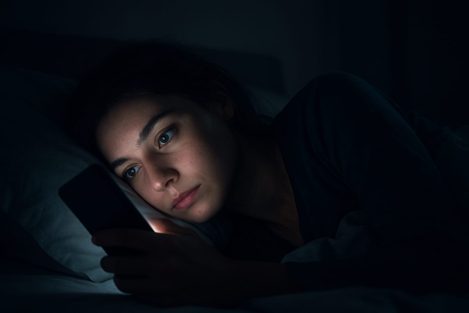 "Young woman lying in bed at night with smartphone screen glow reflecting in her eyes, illustrating effects of smartphone use on vision"
