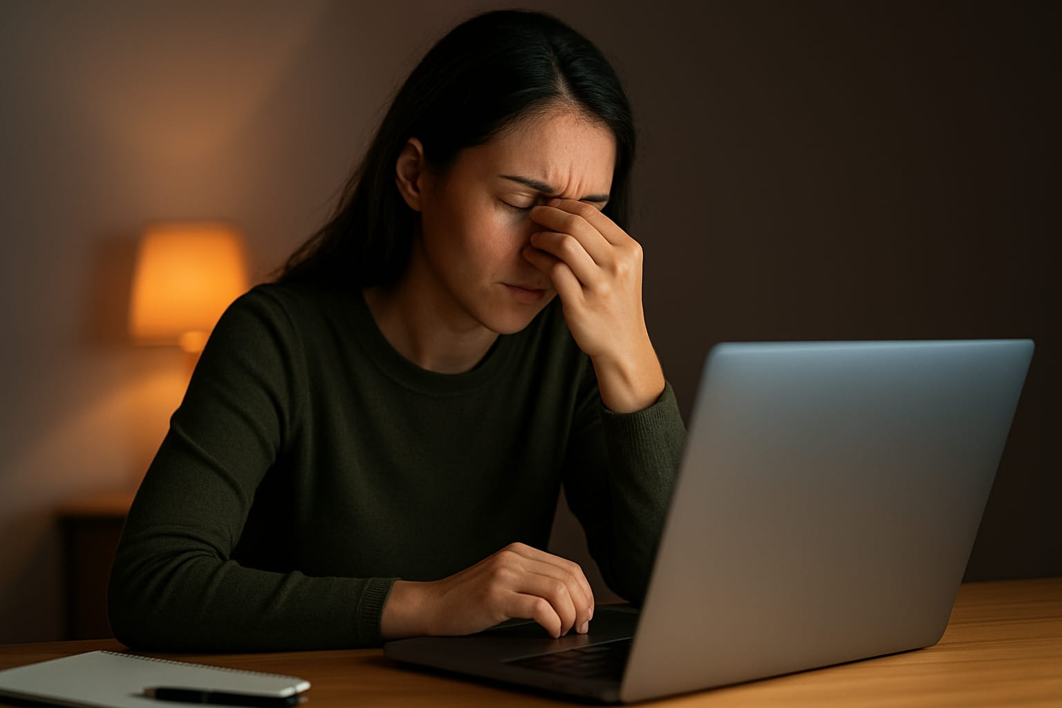 Stressed woman rubbing her eyes while working on laptop at night