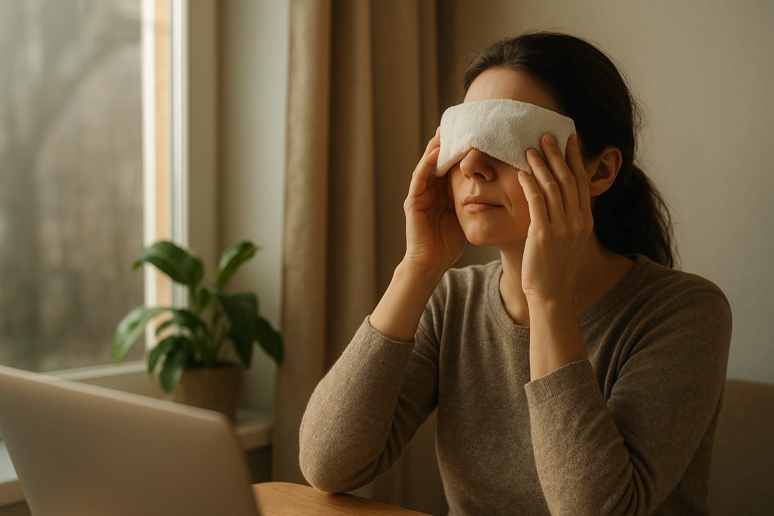 A woman applying a warm heat compress as one of the most effective natural remedies for eye fatigue and dry eye relief.