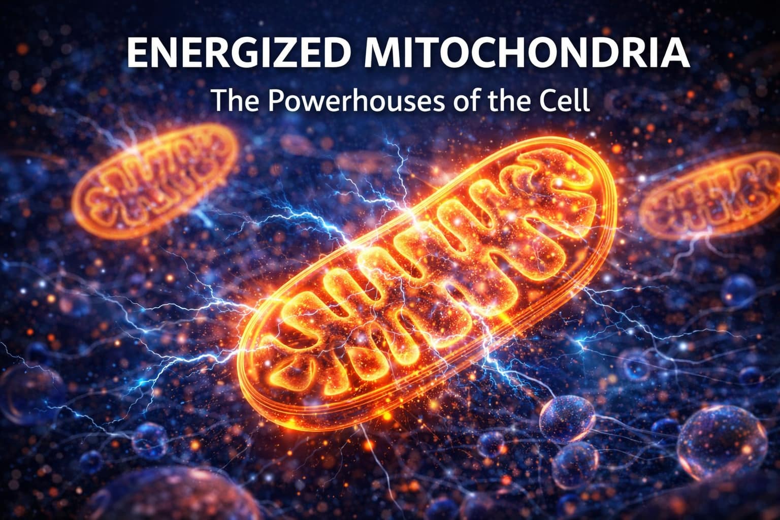 Detailed scientific illustration of energized mitochondria (the powerhouses of the cell)