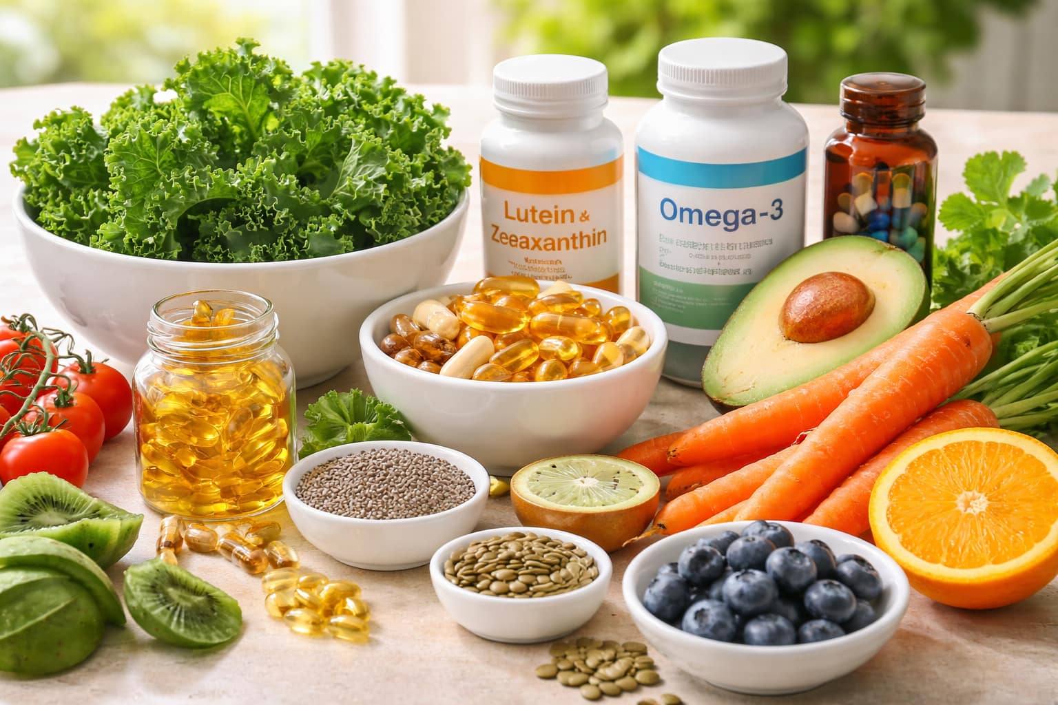 A high-quality arrangement of natural eye health foods like kale and carrots alongside modern supplements for eye health.