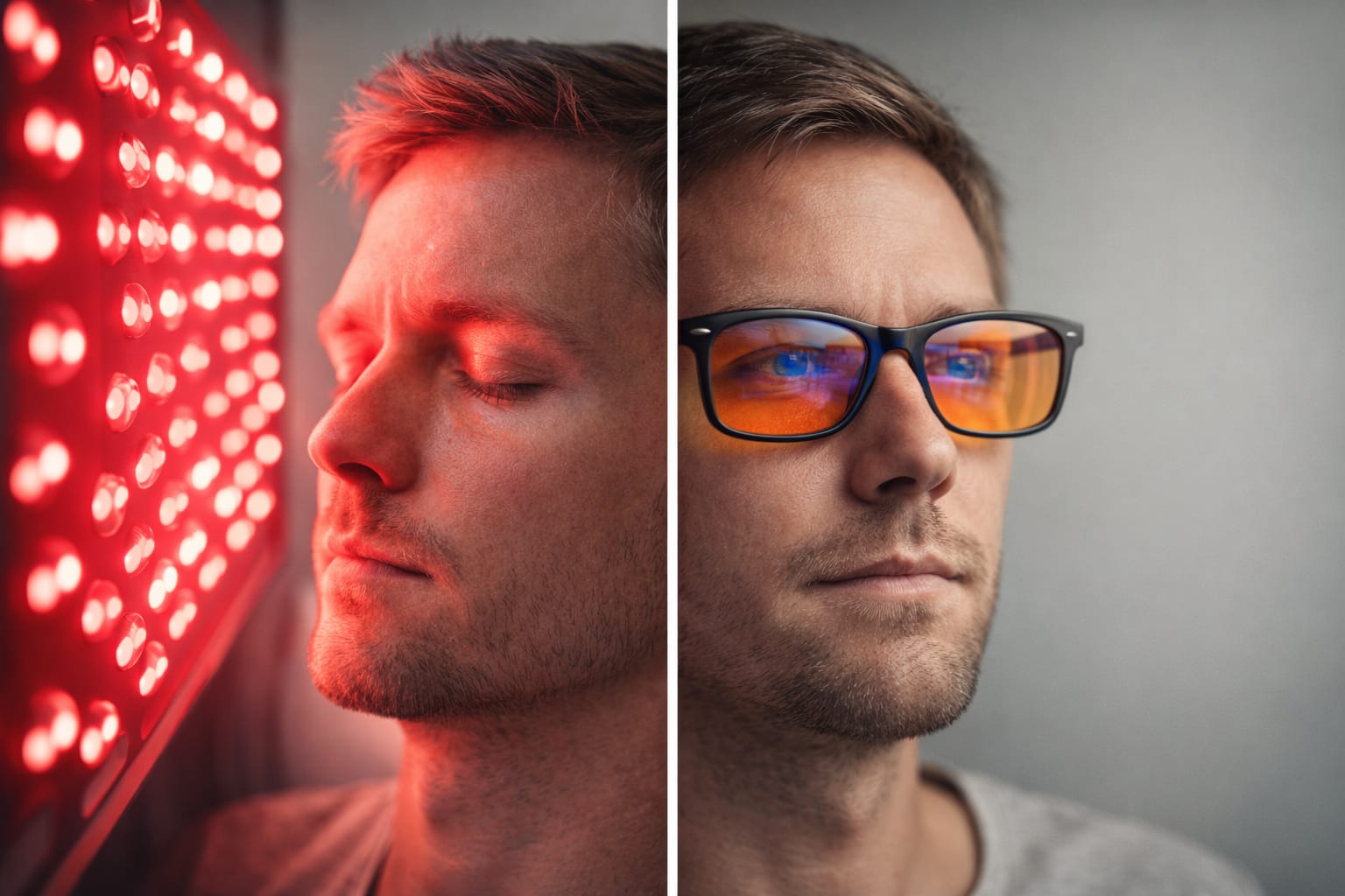 Person using red light therapy vs blue light glasses to reduce digital eye strain.