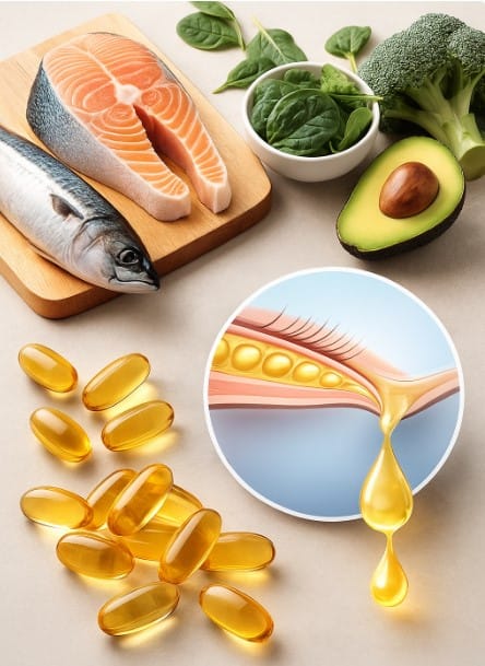 High-dose Omega-3 supplements and food sources (salmon, leafy greens) that support the lipid layer and modify meibum quality, a key systemic component of the MGD Protocol.