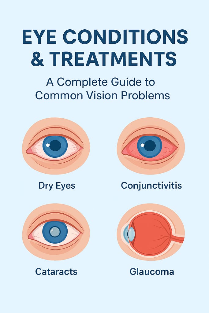 Infographic illustrating common eye conditions and treatments including cataracts, glaucoma, macular degeneration, and dry eyes, designed for Clear Vision Tips website.