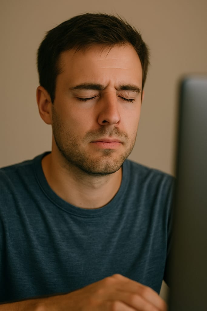 "Person performing full blinks while taking a 20-20-20 screen break"