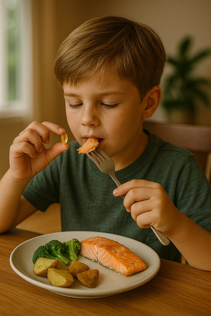 Child taking omega-3 supplement for better eye and brain health