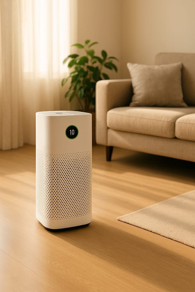 Modern HEPA air purifier running in a living room with subtle sunlight, illustrating environmental control for allergy prevention.