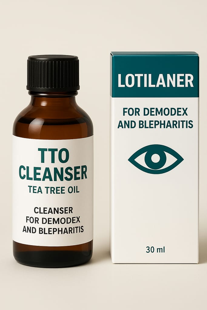 Topical treatments for advanced Blepharitis, including Lotilaner (XDEMVY) and TTO cleanser, symbolizing modern solutions used in the advanced MGD Protocol to eradicate Demodex mites.
