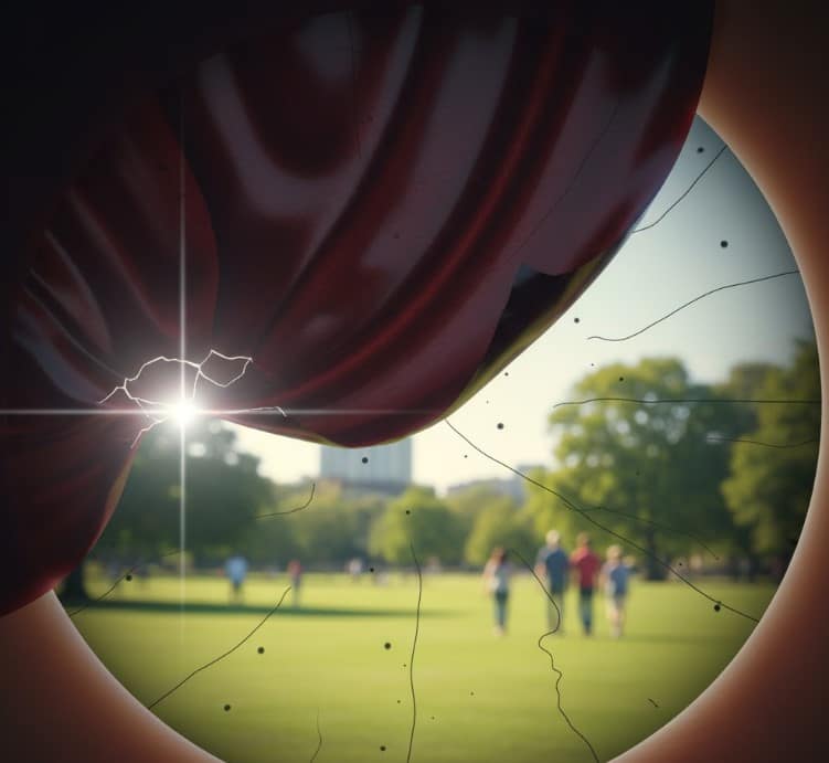 Visual simulation of a dark curtain or shadow over vision, a critical warning sign of retinal detachment and the need for immediate eye care.