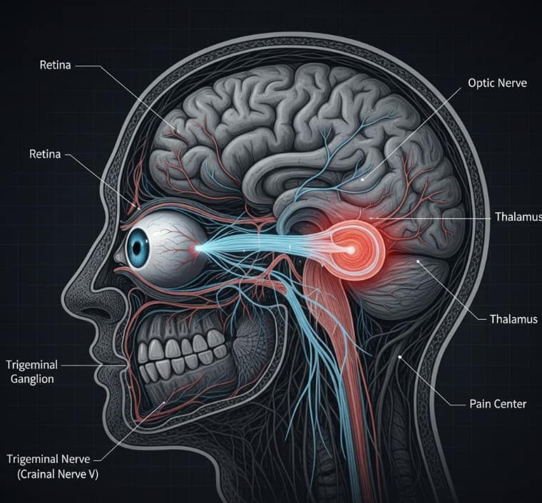 Medical diagram of trigeminal nerve pathways in light sensitivity photophobia triggers.