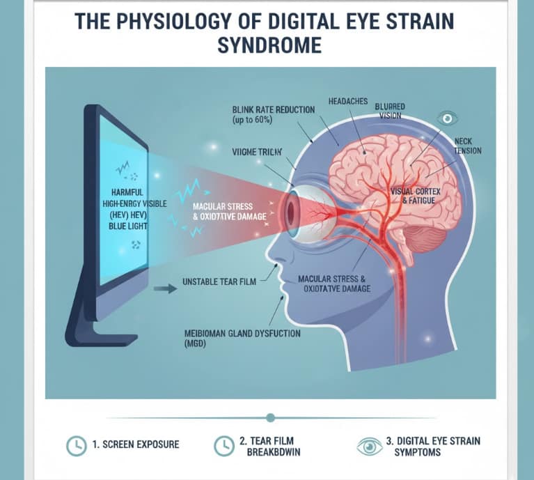 Diagram showing eye strain and muscle fatigue caused by prolonged screen exposure