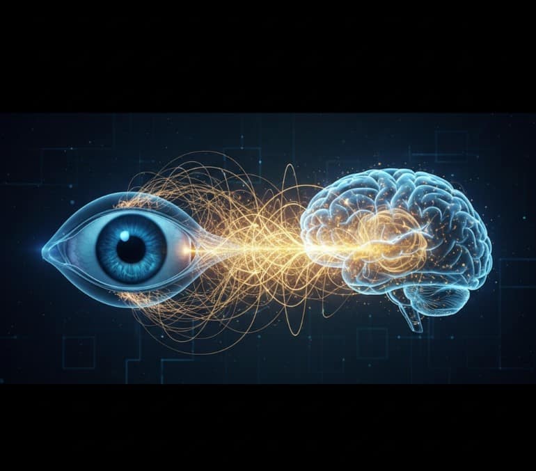 Scientific illustration of the Eye Health and Brain Health link showing the retina and brain connection