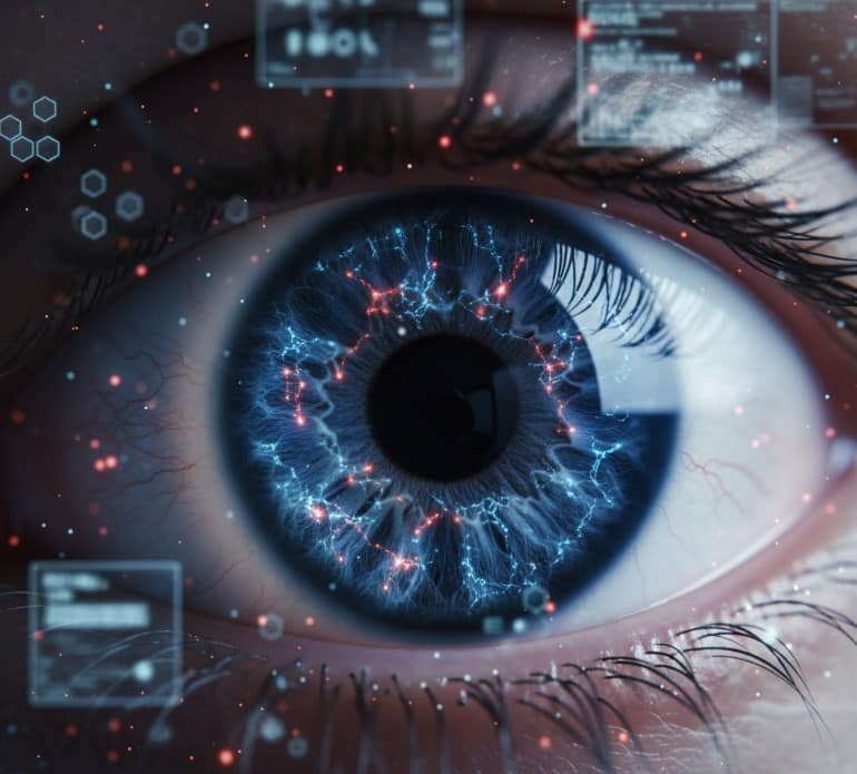 Futuristic close-up of a human eye with digital data overlays and neural patterns representing Vision Biohacking 2026 technologies.