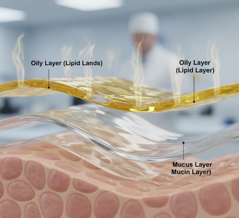 Cross-section of the human tear film showing causes of heavy and tired eyes due to evaporation.