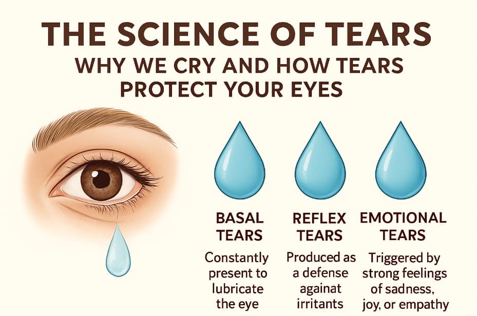 A detailed infographic explaining the science of tears and their biological components.